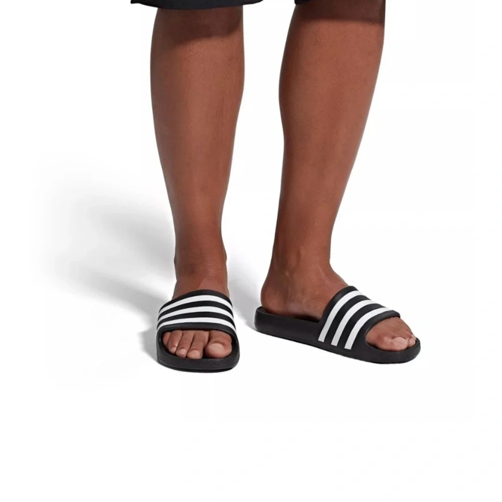 Adidas Men's Striped Black and White Slides